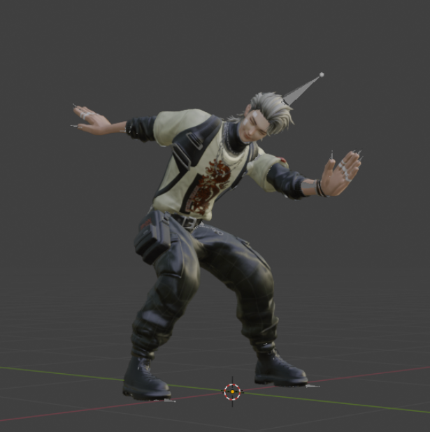 Blender viewport showing character animation pose mid-dunk