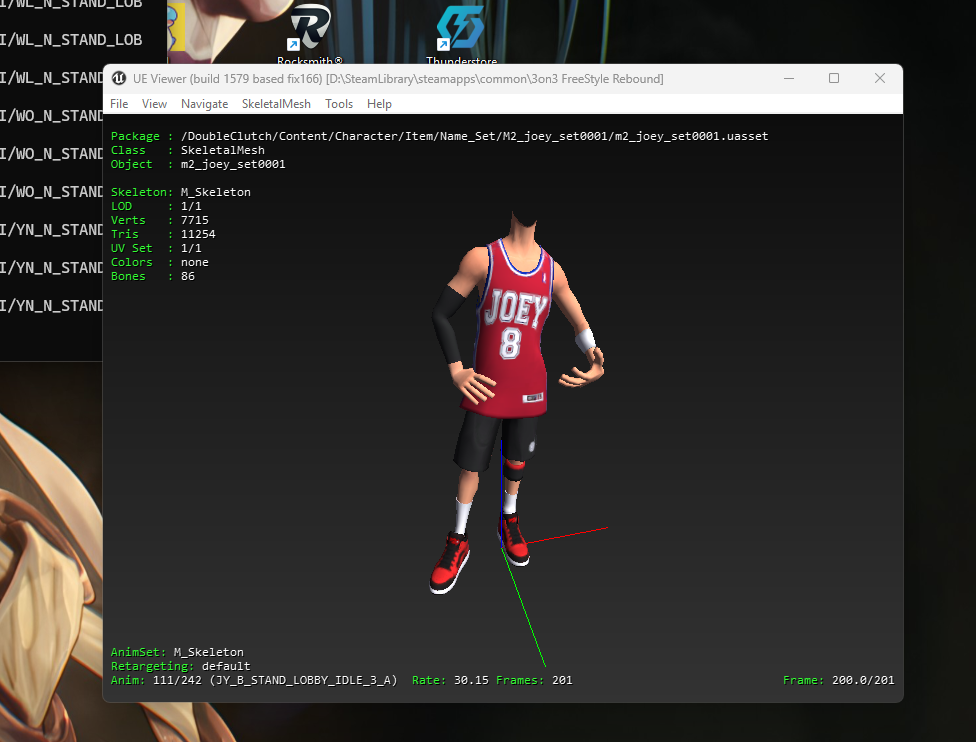 UModel asset extraction showing skeletal mesh and animation data