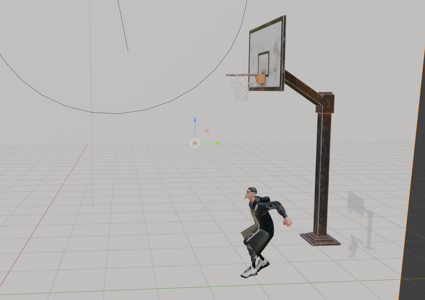 Blender viewport showing basketball court scene with character and hoop